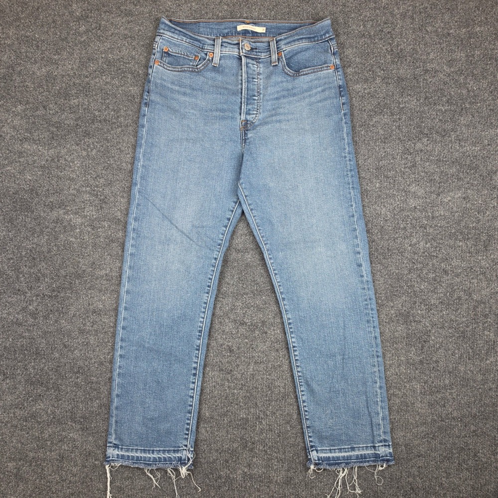 Levis Wedgie Straight Ankle Jeans Women 31 High Rise Button Fly Raw Hem Med Wash